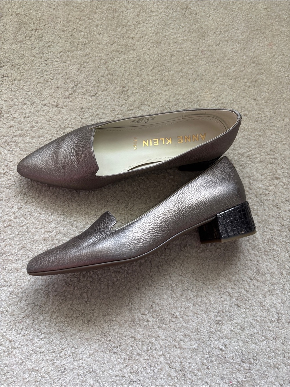 Anne Klein Metallic Taupe Pointed Low Block Heel Pumps